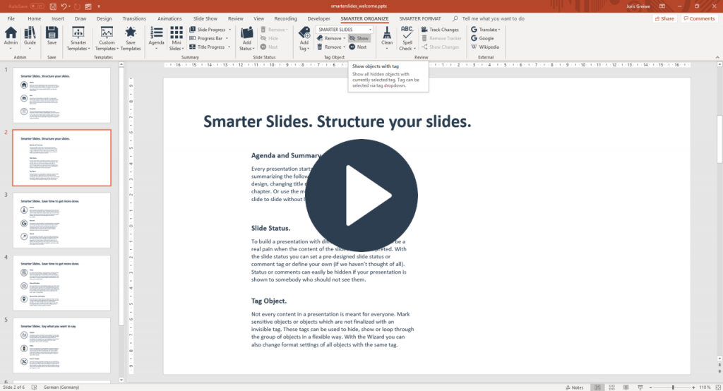 Tag objects to hide or show them dynamically in PowerPoint